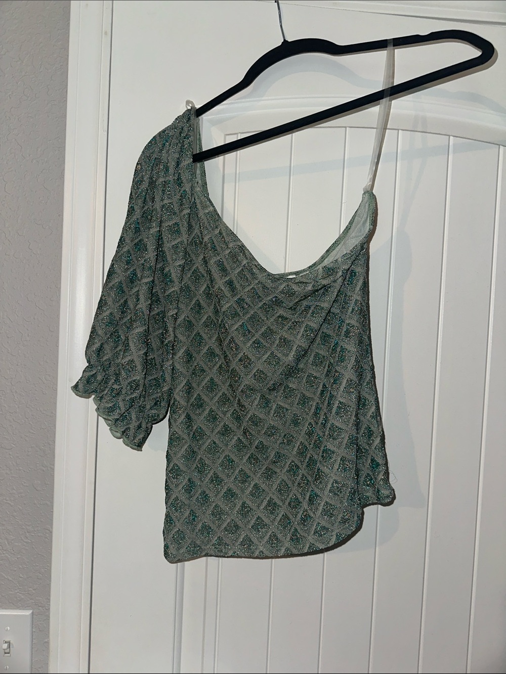 One-Shoulder Textured Shine Green Women's Top